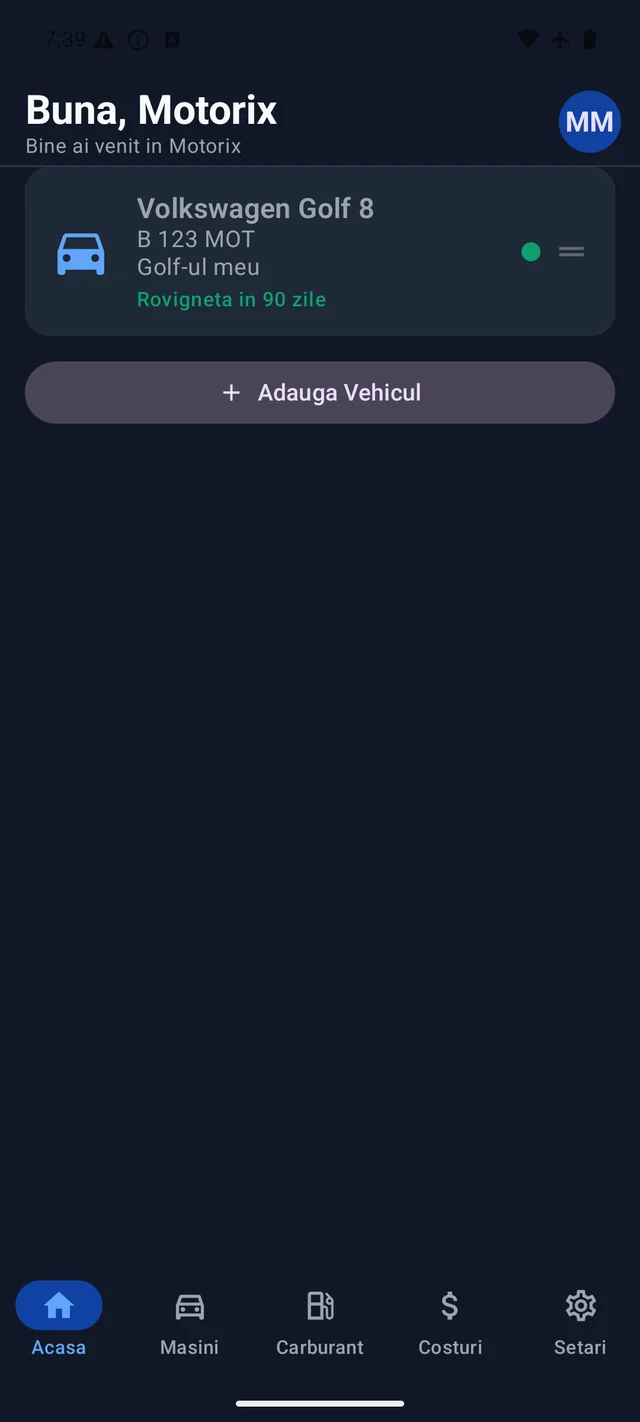 Motorix home screen listing a Volkswagen Golf 8 with the rovinietă expiring in 90 days